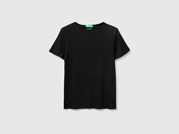 Benetton Kadın Siyah %100 Pamuk Bisiklet Yaka T-Shirt