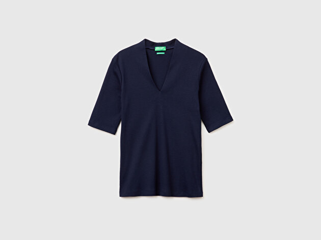Benetton Kadın Lacivert %100 Pamuk Yarım Kollu Derin V Yaka T-Shirt