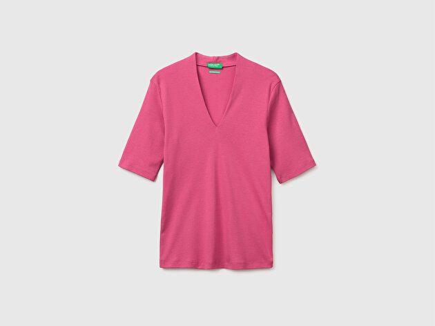 Benetton Kadın Fuşya %100 Pamuk Yarım Kollu Derin V Yaka T-Shirt