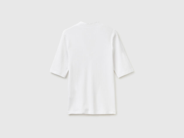 Benetton Kadın Beyaz %100 Pamuk Yarım Kollu Derin V Yaka T-Shirt