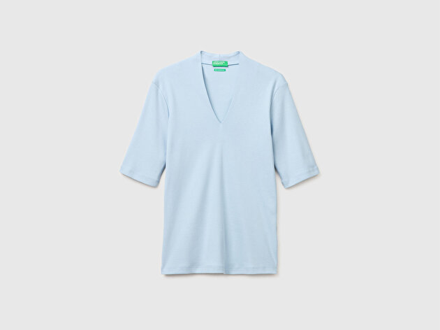 Benetton Kadın Açık Mavi %100 Pamuk Yarım Kollu Derin V Yaka T-Shirt