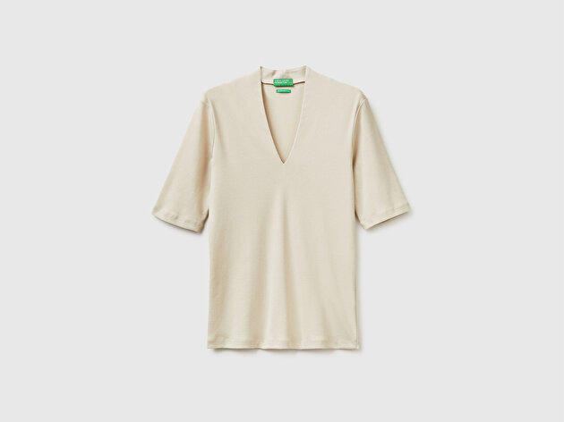Benetton Kadın Taş %100 Pamuk Yarım Kollu Derin V Yaka T-Shirt