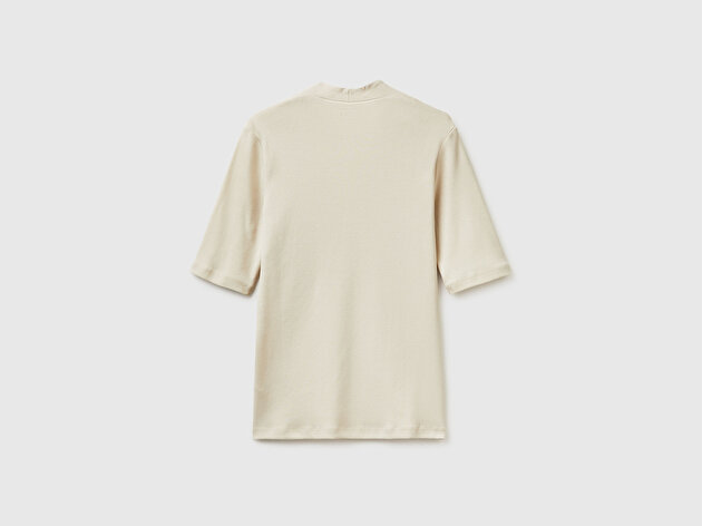 Benetton Kadın Taş %100 Pamuk Yarım Kollu Derin V Yaka T-Shirt