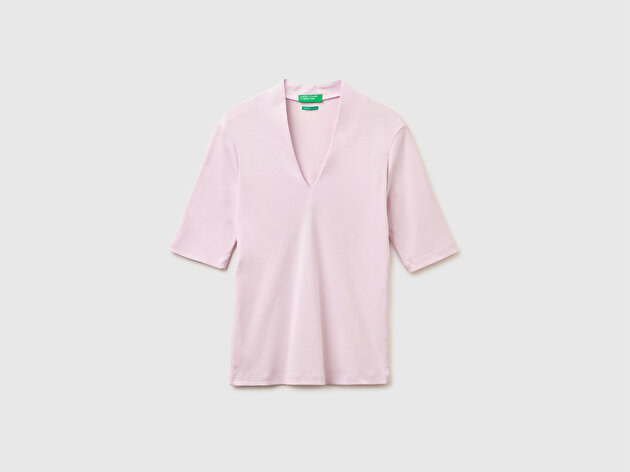 Benetton Kadın Açık Pembe %100 Pamuk Yarım Kollu Derin V Yaka T-Shirt