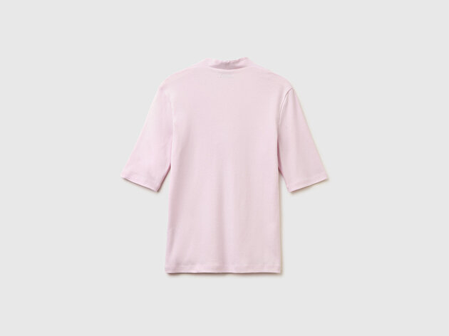 Benetton Kadın Açık Pembe %100 Pamuk Yarım Kollu Derin V Yaka T-Shirt