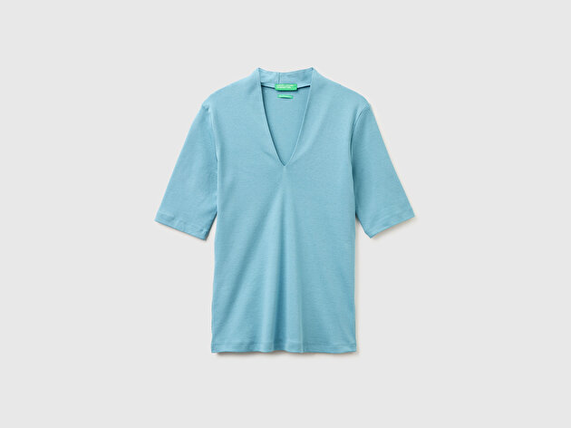 Benetton Kadın Mavi %100 Pamuk Yarım Kollu Derin V Yaka T-Shirt