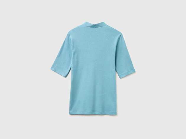 Benetton Kadın Mavi %100 Pamuk Yarım Kollu Derin V Yaka T-Shirt