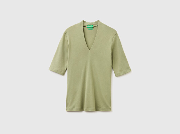 Benetton Kadın Haki %100 Pamuk Yarım Kollu Derin V Yaka T-Shirt