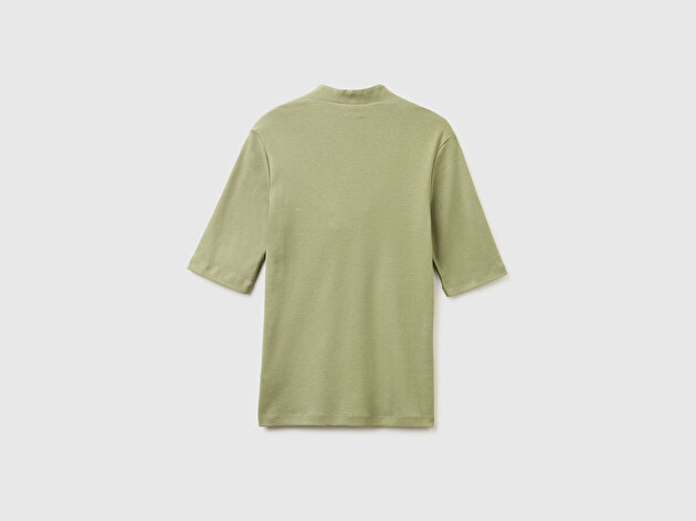 Benetton Kadın Haki %100 Pamuk Yarım Kollu Derin V Yaka T-Shirt