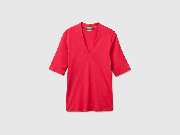 Benetton Kadın Kırmızı %100 Pamuk Yarım Kollu Derin V Yaka T-Shirt