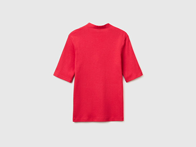 Benetton Kadın Kırmızı %100 Pamuk Yarım Kollu Derin V Yaka T-Shirt