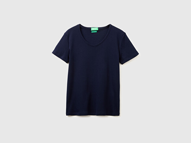 Benetton Kadın Lacivert %100 Pamuk Geniş V Yaka T-Shirt