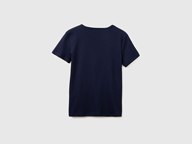 Benetton Kadın Lacivert %100 Pamuk Geniş V Yaka T-Shirt