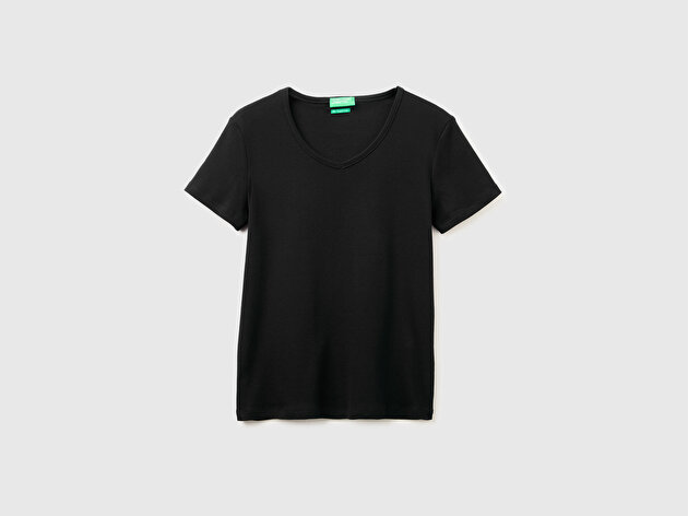 Benetton Kadın Siyah %100 Pamuk Geniş V Yaka T-Shirt