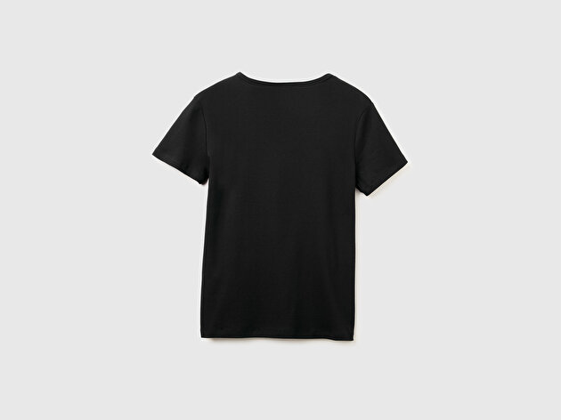 Benetton Kadın Siyah %100 Pamuk Geniş V Yaka T-Shirt