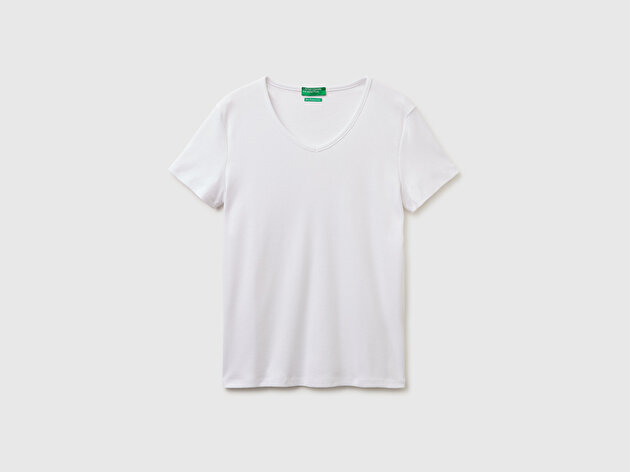 Benetton Kadın Beyaz %100 Pamuk Geniş V Yaka T-Shirt