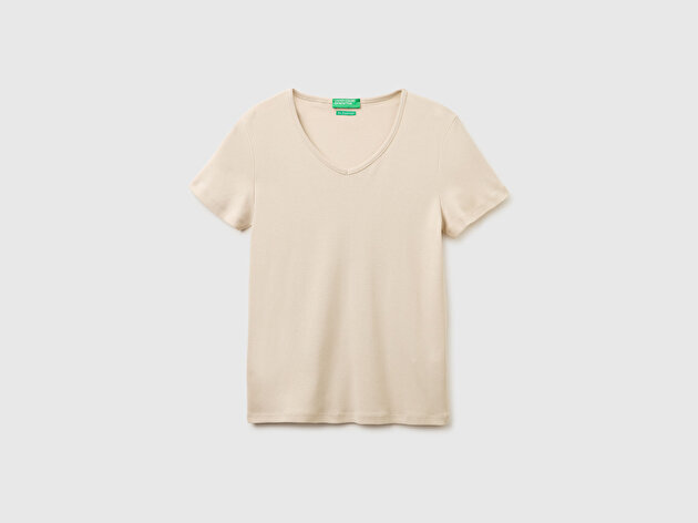 Benetton Kadın Taş %100 Pamuk Geniş V Yaka T-Shirt