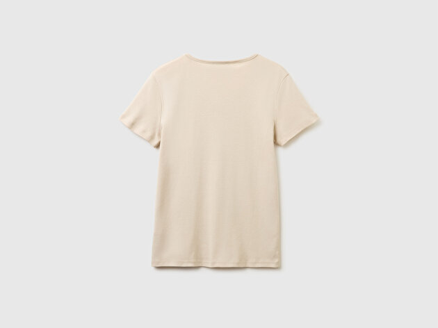 Benetton Kadın Taş %100 Pamuk Geniş V Yaka T-Shirt
