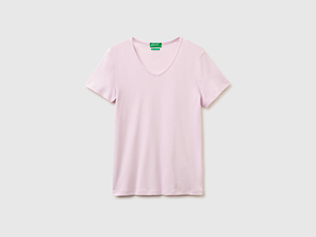 Benetton Kadın Açık Pembe %100 Pamuk Geniş V Yaka T-Shirt
