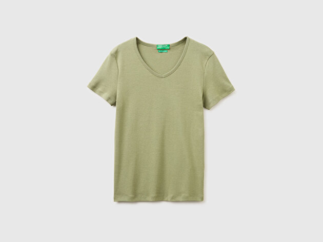 Benetton Kadın Haki %100 Pamuk Geniş V Yaka T-Shirt