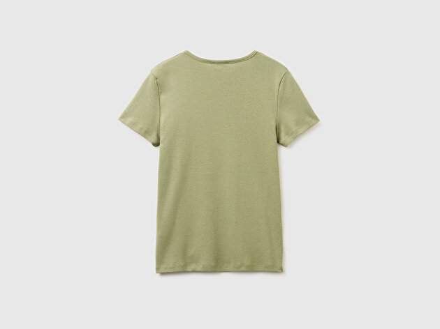Benetton Kadın Haki %100 Pamuk Geniş V Yaka T-Shirt