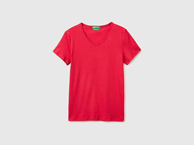 Benetton Kadın Kırmızı %100 Pamuk Geniş V Yaka T-Shirt