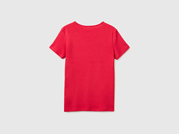 Benetton Kadın Kırmızı %100 Pamuk Geniş V Yaka T-Shirt