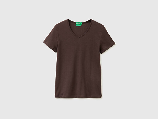 Benetton Kadın Kahverengi %100 Pamuk Geniş V Yaka T-Shirt