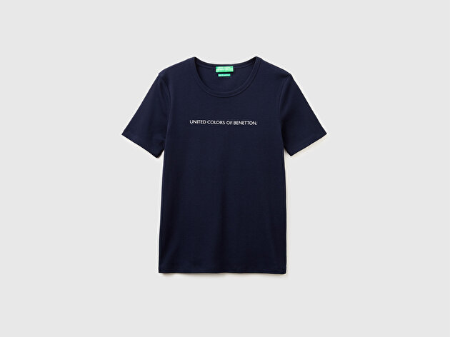 Benetton Kadın Lacivert %100 Pamuk Logo Baskılı Bisiklet Yaka T-Shirt