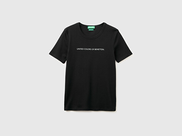 Benetton Kadın Siyah %100 Pamuk Logo Baskılı Bisiklet Yaka T-Shirt