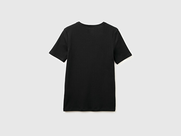 Benetton Kadın Siyah %100 Pamuk Logo Baskılı Bisiklet Yaka T-Shirt