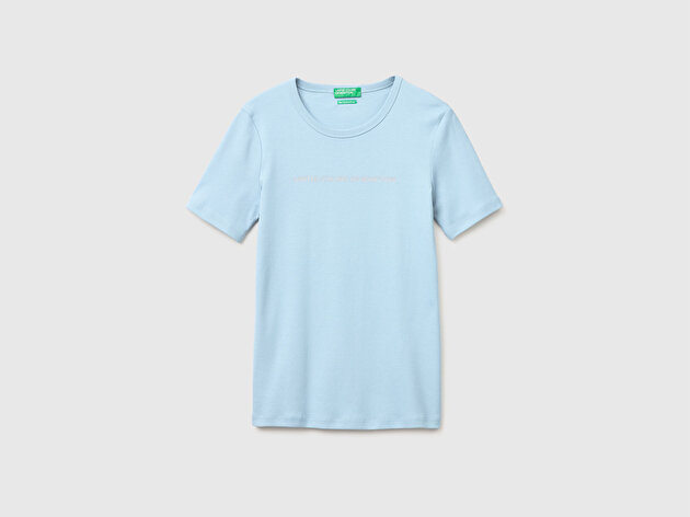 Benetton Kadın Açık Mavi %100 Pamuk Logo Baskılı Bisiklet Yaka T-Shirt