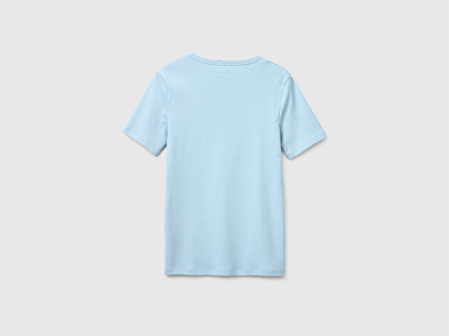 Benetton Kadın Açık Mavi %100 Pamuk Logo Baskılı Bisiklet Yaka T-Shirt