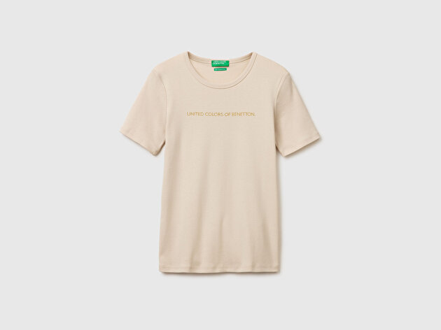 Benetton Kadın Taş %100 Pamuk Logo Baskılı Bisiklet Yaka T-Shirt