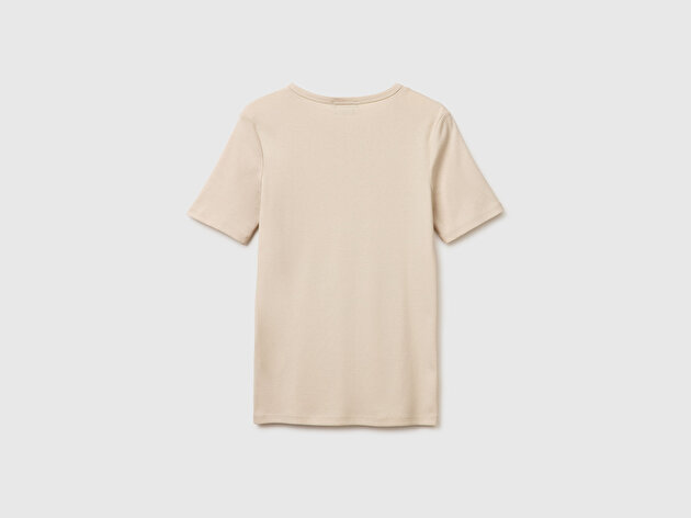 Benetton Kadın Taş %100 Pamuk Logo Baskılı Bisiklet Yaka T-Shirt