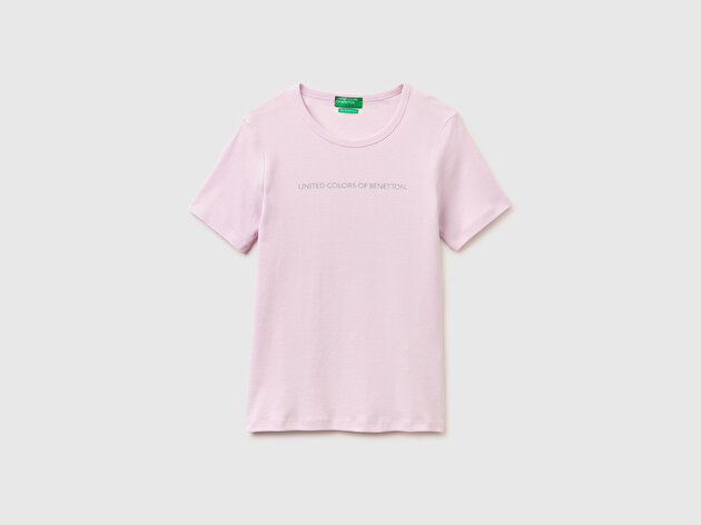 Benetton Kadın Açık Pembe %100 Pamuk Logo Baskılı Bisiklet Yaka T-Shirt