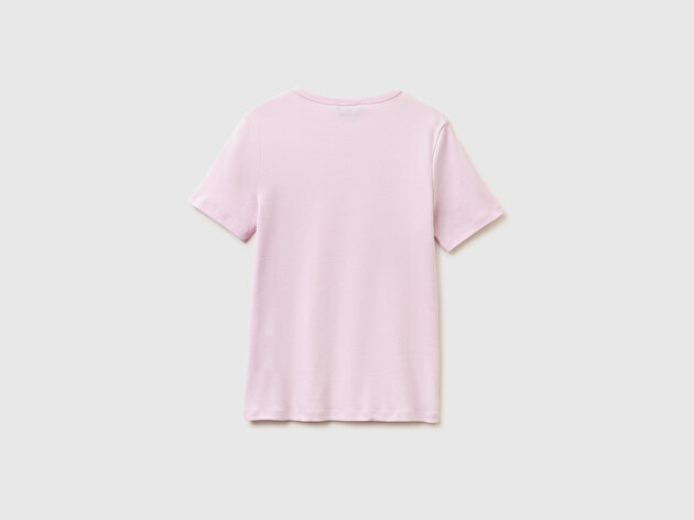 Benetton Kadın Açık Pembe %100 Pamuk Logo Baskılı Bisiklet Yaka T-Shirt