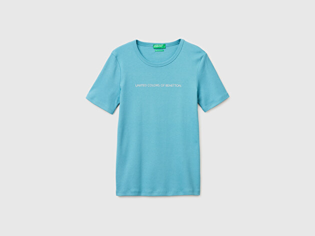 Benetton Kadın Mavi %100 Pamuk Logo Baskılı Bisiklet Yaka T-Shirt