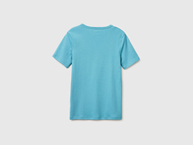 Benetton Kadın Mavi %100 Pamuk Logo Baskılı Bisiklet Yaka T-Shirt