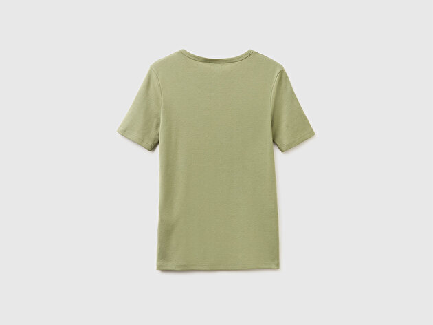 Benetton Kadın Haki %100 Pamuk Logo Baskılı Bisiklet Yaka T-Shirt