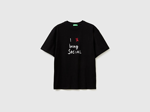 Benetton Erkek Siyah  %100 Pamuk Grafik Baskılı Bisiklet Yaka T-Shirt