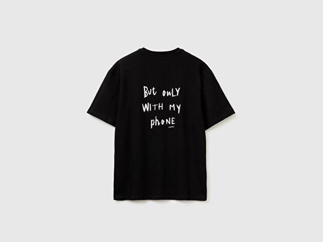 Benetton Erkek Siyah  %100 Pamuk Grafik Baskılı Bisiklet Yaka T-Shirt