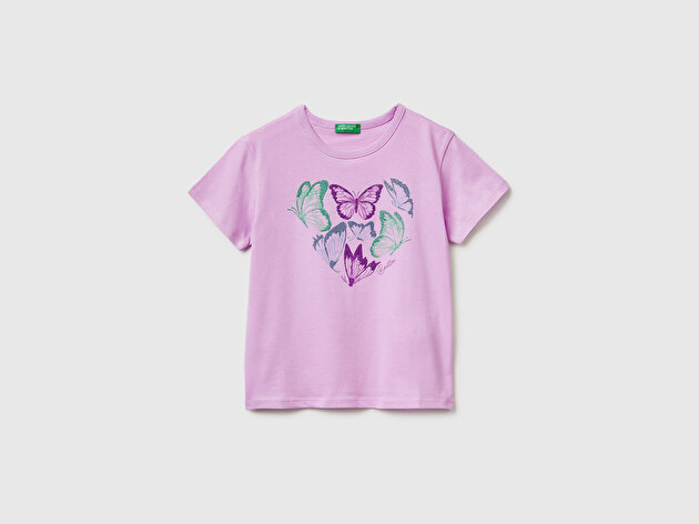 Benetton Kız Çocuk Pembe Simli Grafik Baskılı Yuvarlak Yaka T-Shirt