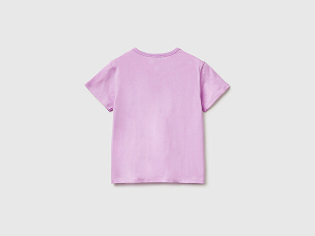 Benetton Kız Çocuk Pembe Simli Grafik Baskılı Yuvarlak Yaka T-Shirt