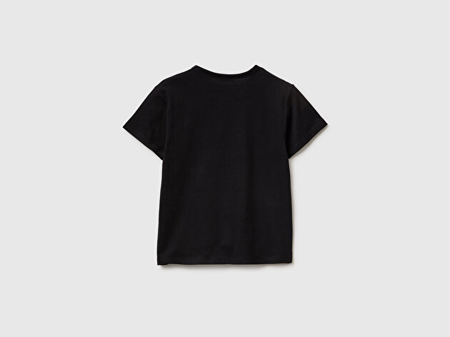 Benetton Kız Çocuk Siyah Simli Grafik Baskılı Yuvarlak Yaka T-Shirt