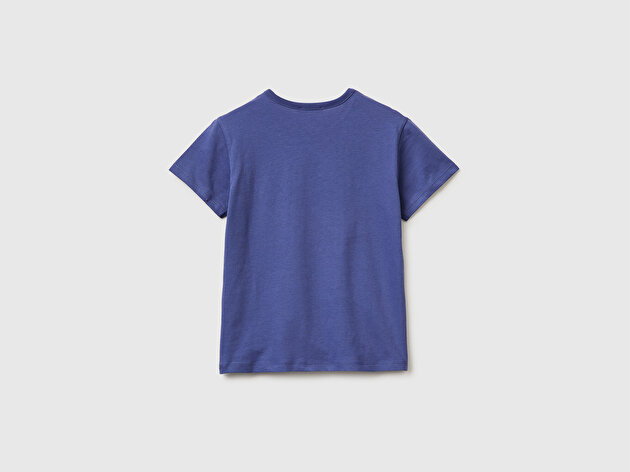 Benetton Kız Çocuk Koyu Lacivert Simli Grafik Baskılı Yuvarlak Yaka T-Shirt