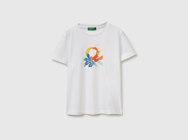 Benetton Erkek Bebek Beyaz Önü Logo Baskılı Yuvarlak Yaka T-Shirt