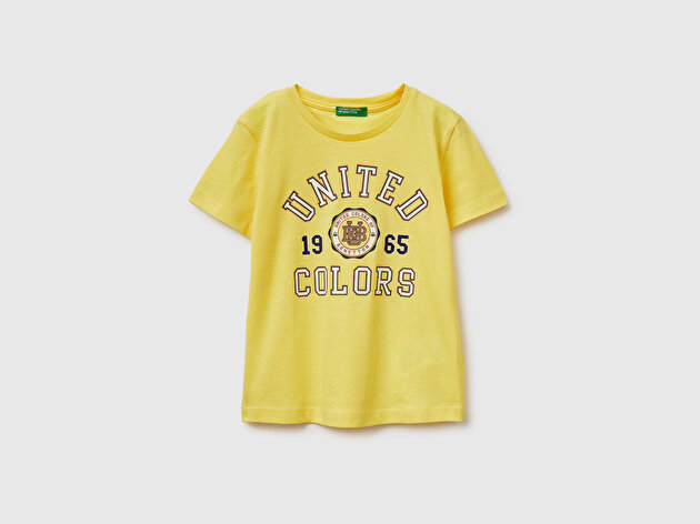 Benetton Erkek Bebek Sarı Önü Logo Baskılı Yuvarlak Yaka T-Shirt