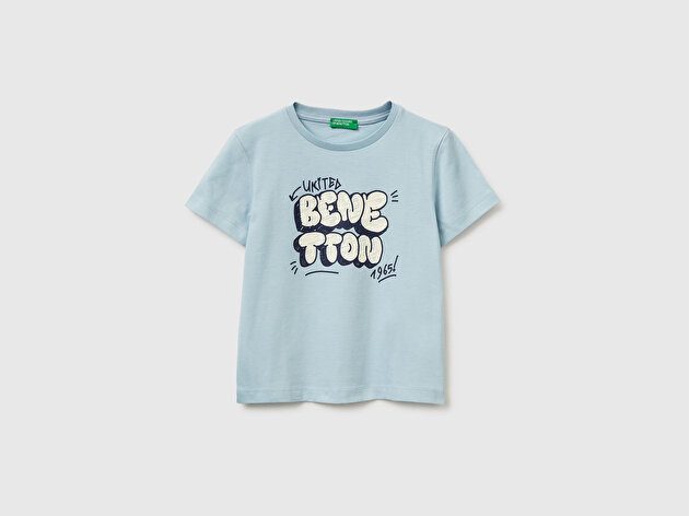 Benetton Erkek Bebek Buz Mavisi Önü Logo Baskılı Yuvarlak Yaka T-Shirt