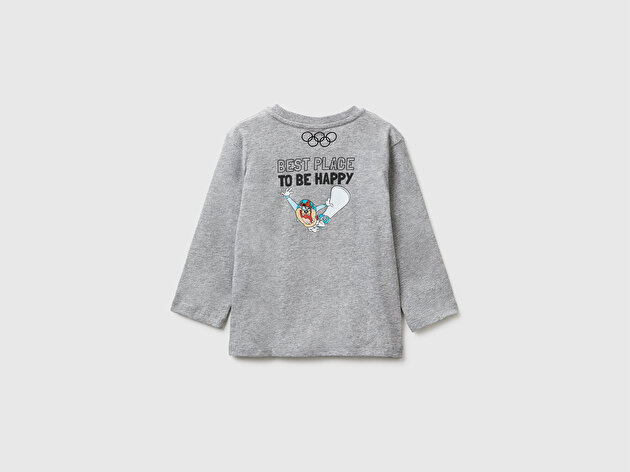 Benetton Erkek Bebek Gri melanj Önü ve Arkası Baskı Detaylı Bisiklet Yaka Uzun Kollu T-Shirt